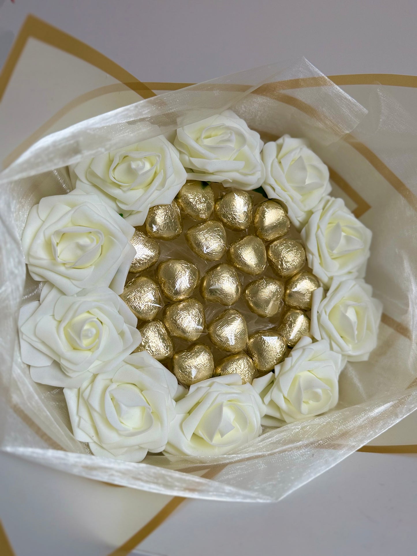 Chocolate Love Hearts Rose Bouquet Gold & Cream