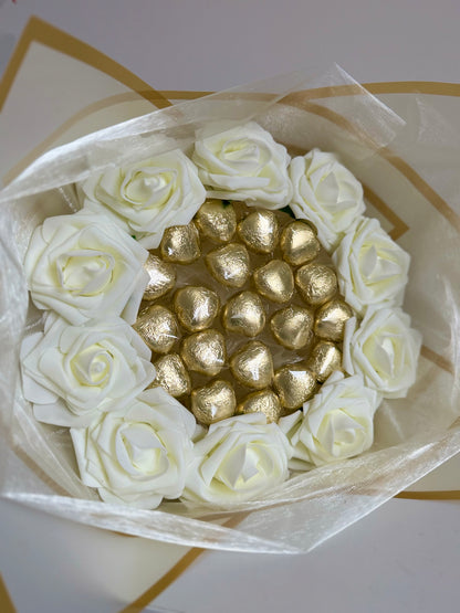 Chocolate Love Hearts Rose Bouquet Gold & Cream