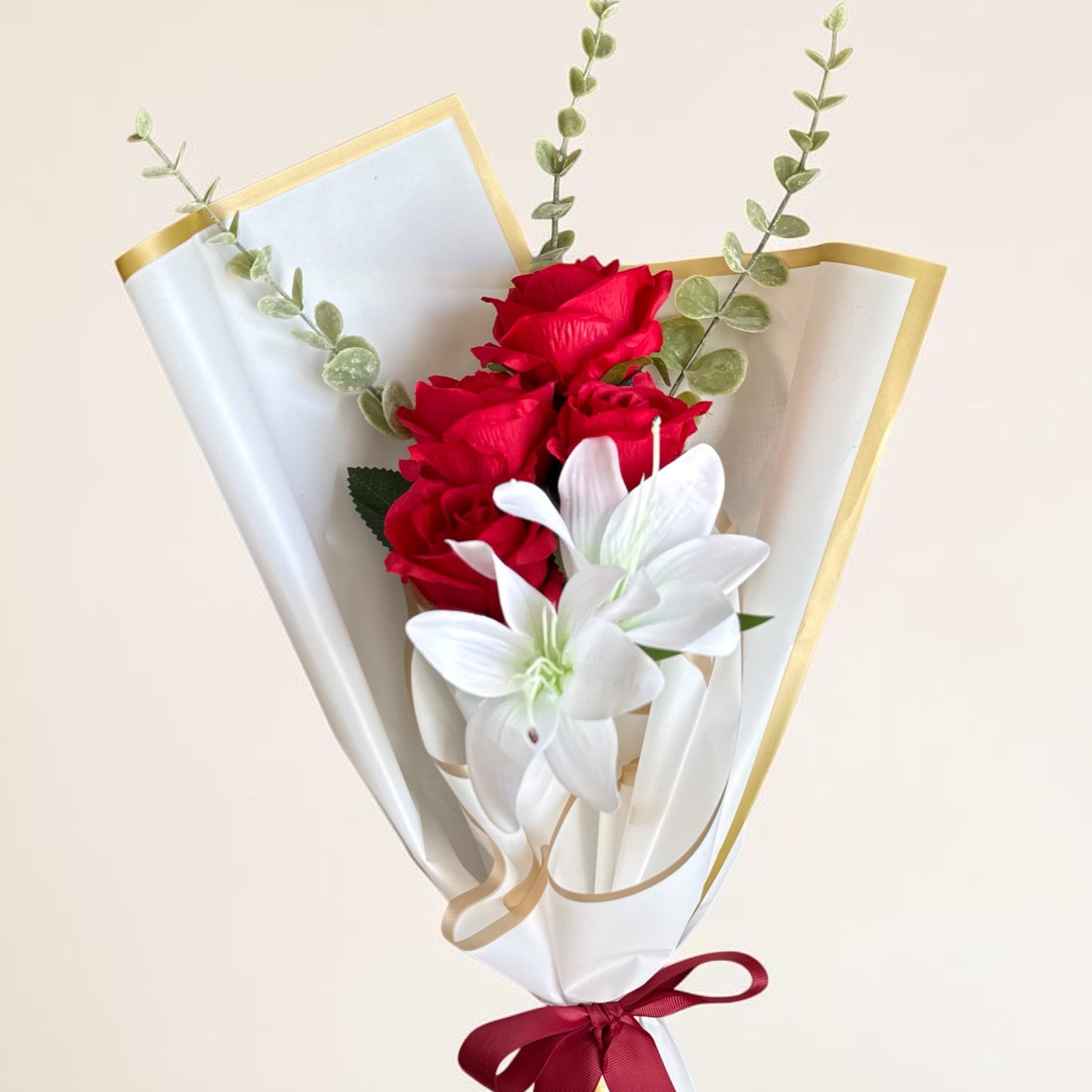 Elegant Handheld Red & White Rose & Lily Bouquet