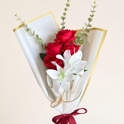 Elegant Handheld Red & White Rose & Lily Bouquet