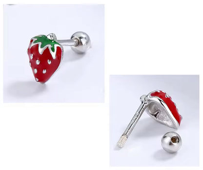 Sterling Silver Dainty Red Strawberry Stud Earrings