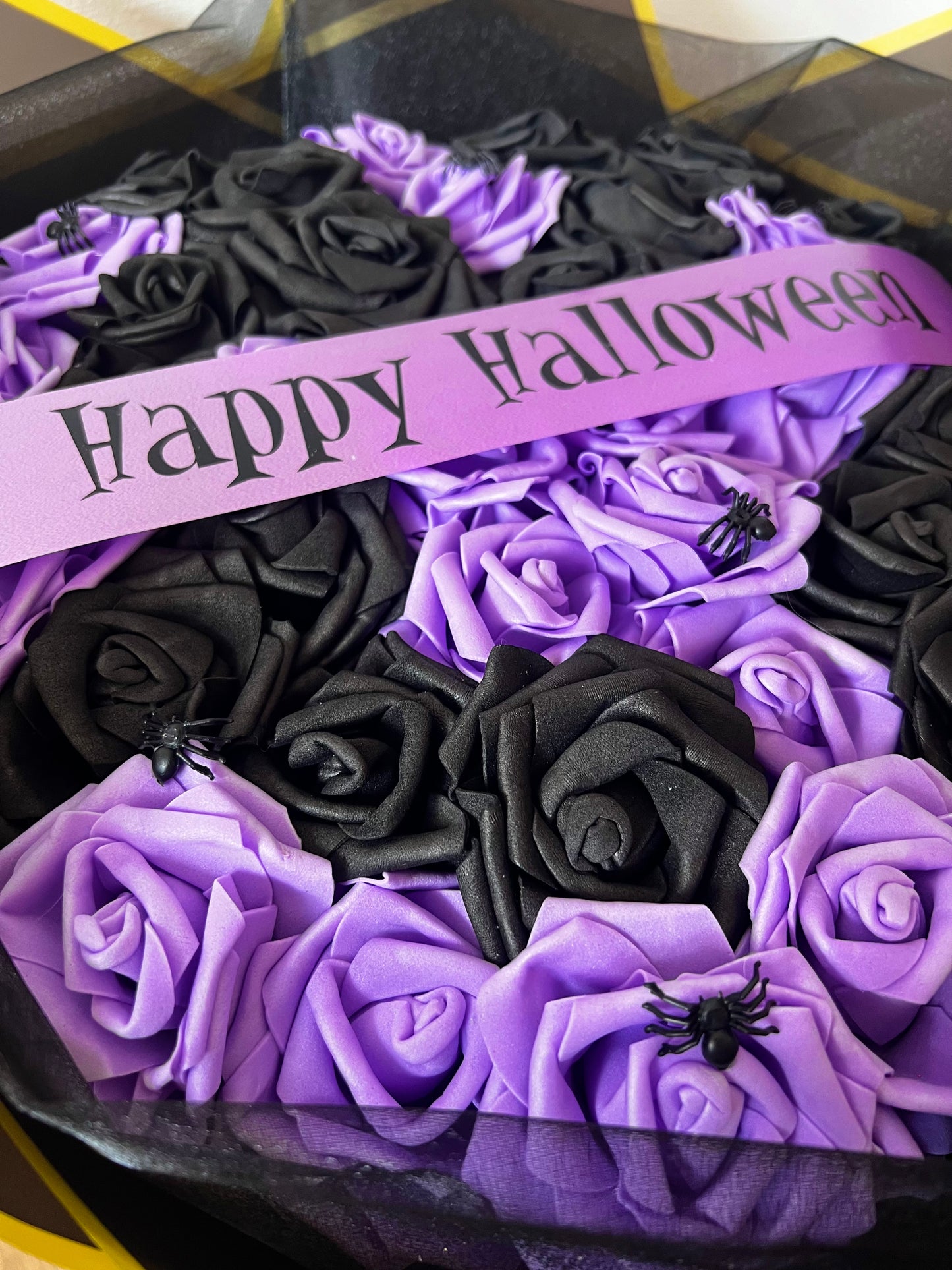 Happy Halloween Purple & Black Spider Rose Bouquet Decor