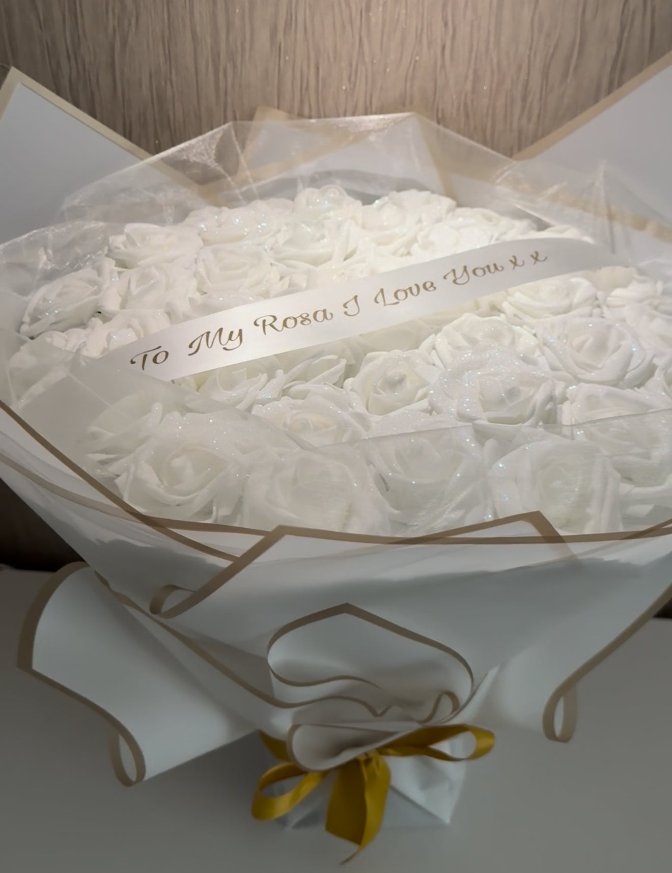 White Glitter Rose Personalised Gold Bouquet
