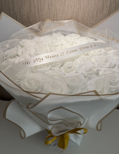 White Glitter Rose Personalised Gold Bouquet