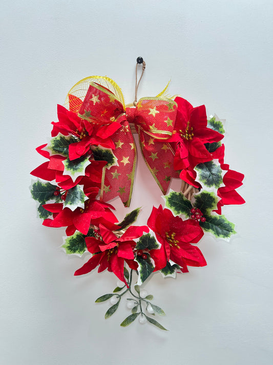 28cm Red Flower Holly Mistletoe Christmas Wreath