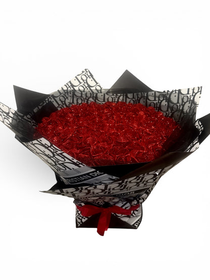 100 Red Glitter Rose Bouquet With High End Wrapping - Blooming Gifts
