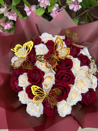 Luxury Red & Ivory Artificial Rose Bouquet with Gold Butterflies | Forever Roses