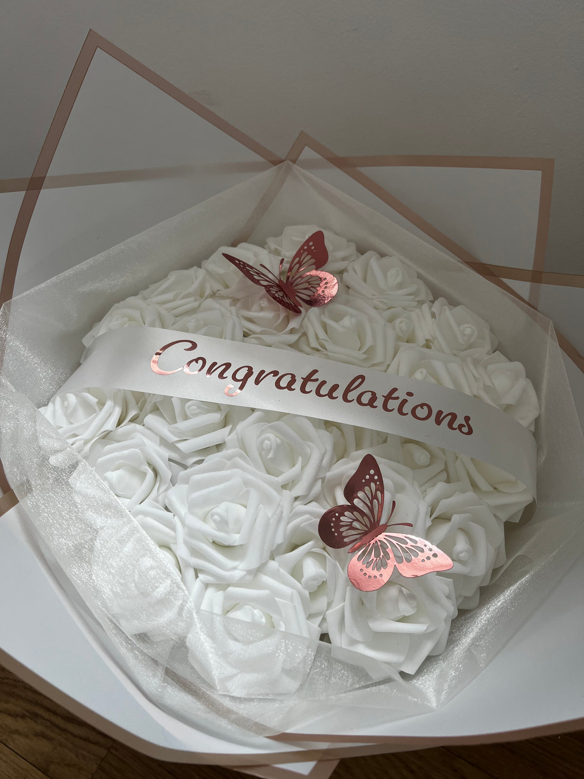 Congratulations Roses Classy White & Rose Gold Rose Congratulations Flower Bouquet – Blooming Gifts