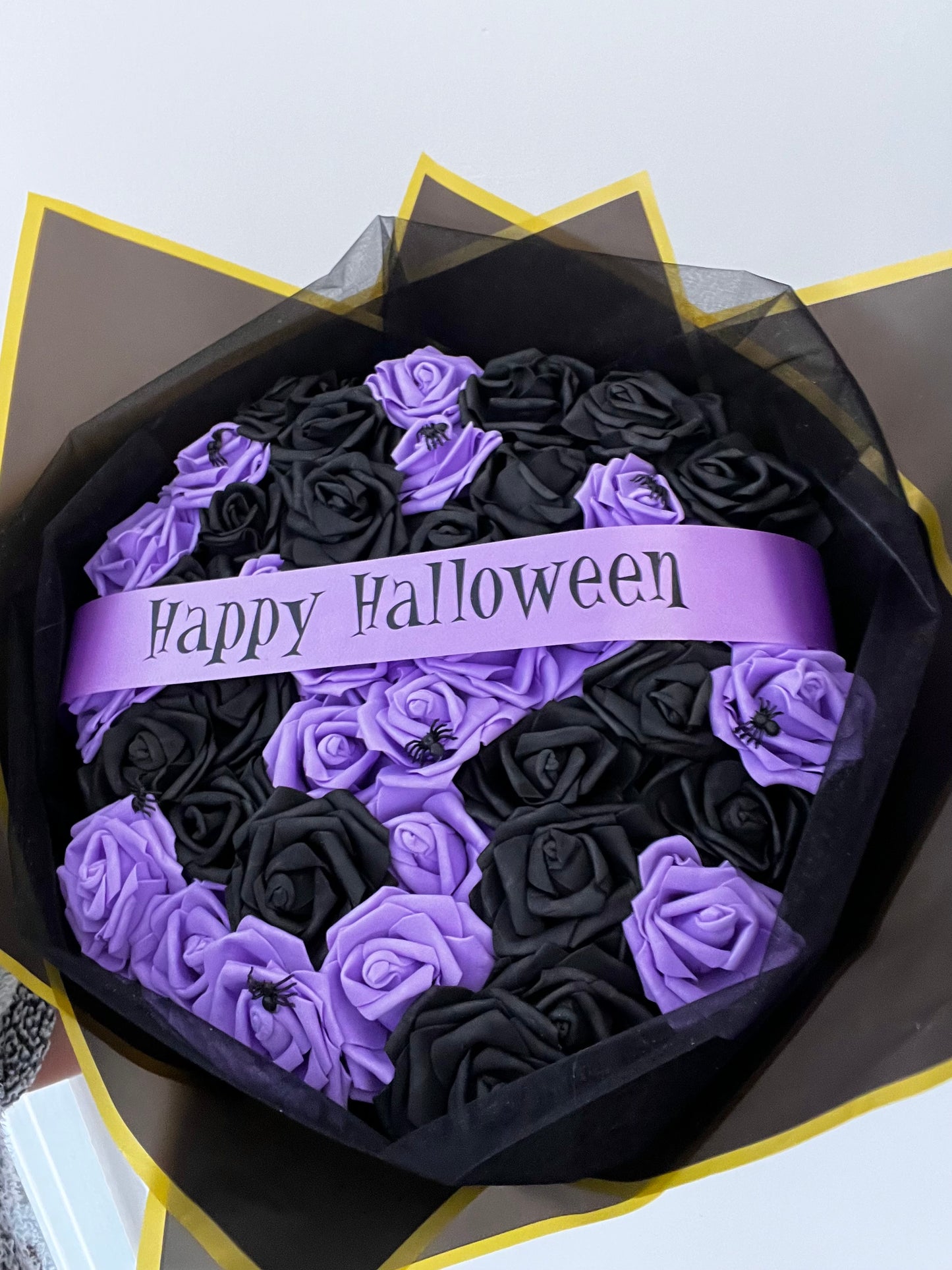 Happy Halloween Purple & Black Spider Rose Bouquet Decor