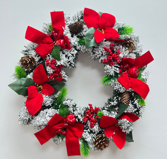 42cm Large Snowy Red Bow Christmas Door Wreath