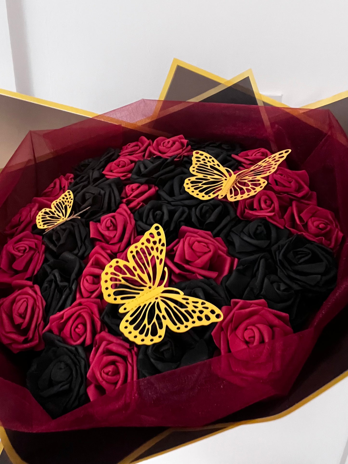 Red & Black Rose Bouquet With Gold Butterfly’s