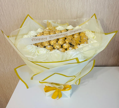 Personalised Ferrero Rocher Chocolate Rose Bouquet Cream & Gold