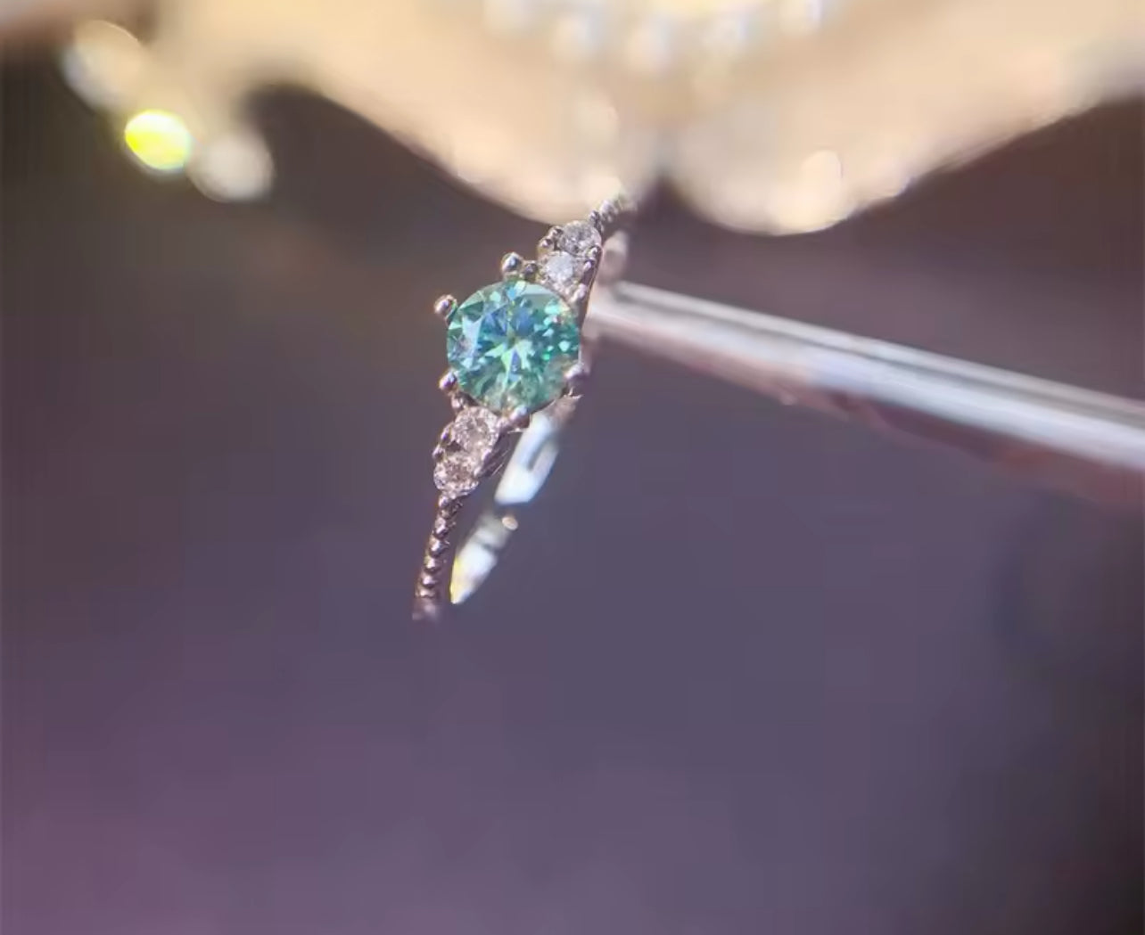 Green Moissanite 6 Claw Silver Engagement Ring