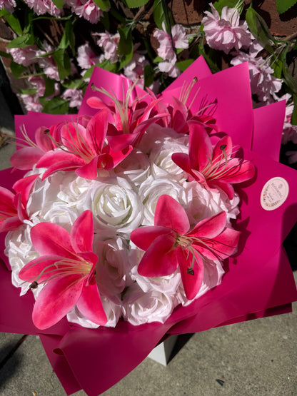 Personalised Hot Pink Lilys White Rose Bouquet