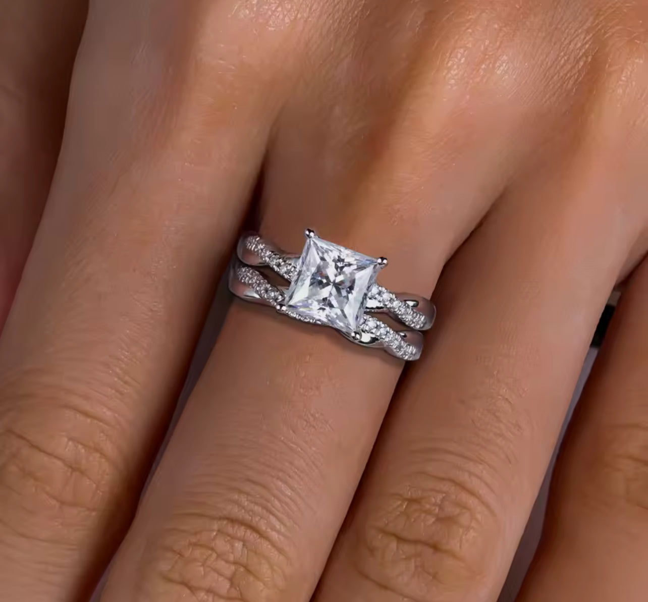 3CT Moissanite Princess Cut Silver Engagement Ring Set