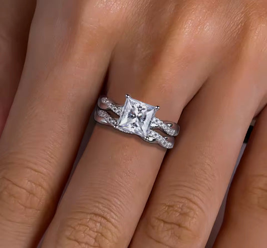 3CT Moissanite Princess Cut Silver Engagement Ring Set