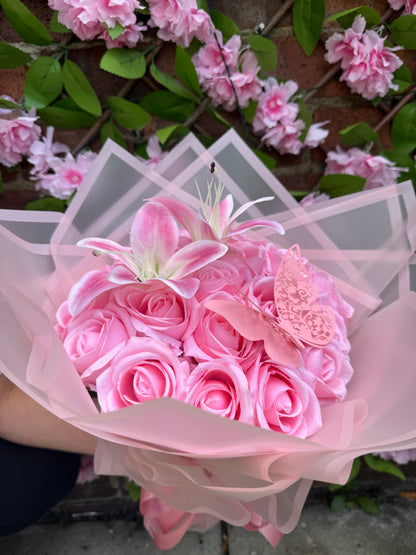Luxury Pink Artificial Rose & Lily Handheld Butterfly Bouquet Everlasting Flower Arrangement
