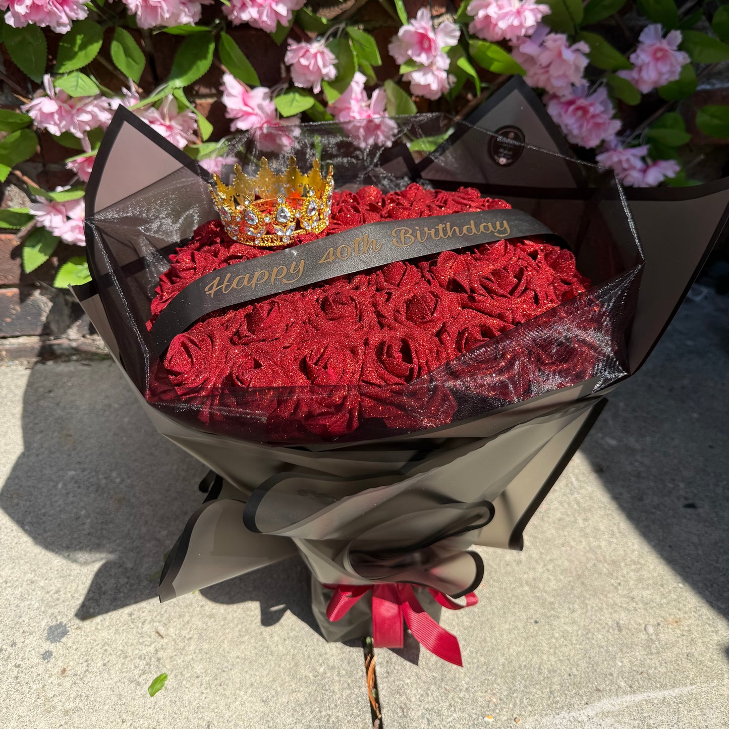 Personalised Red Glitter Rose Black Bouquet with Optional Crown