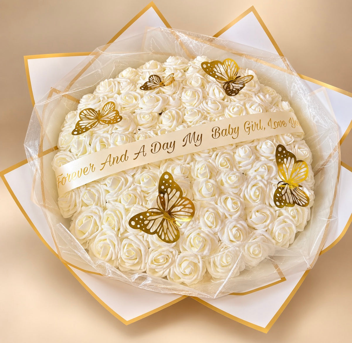 100 Ivory Forever Rose Bouquet  Personalised Luxury Rose Bouquet with Gold Butterflies