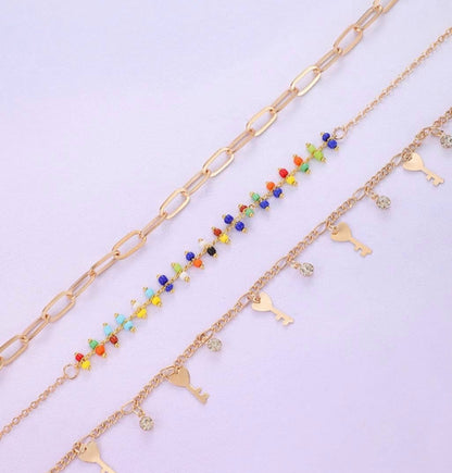 Gold Layered Key Beaded Anklet Set