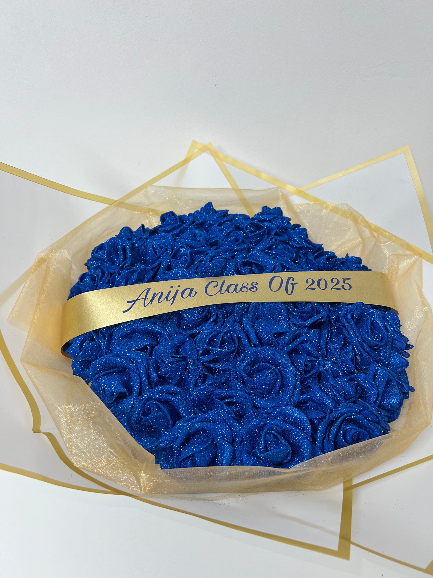 Blue White & Gold Personalised Glitter Rose Bouquet Gift