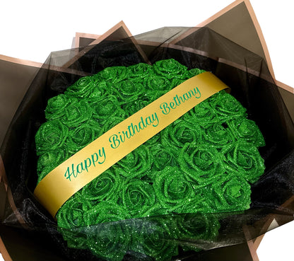 Emerald Green Glitter Rose Personalised Bouquet