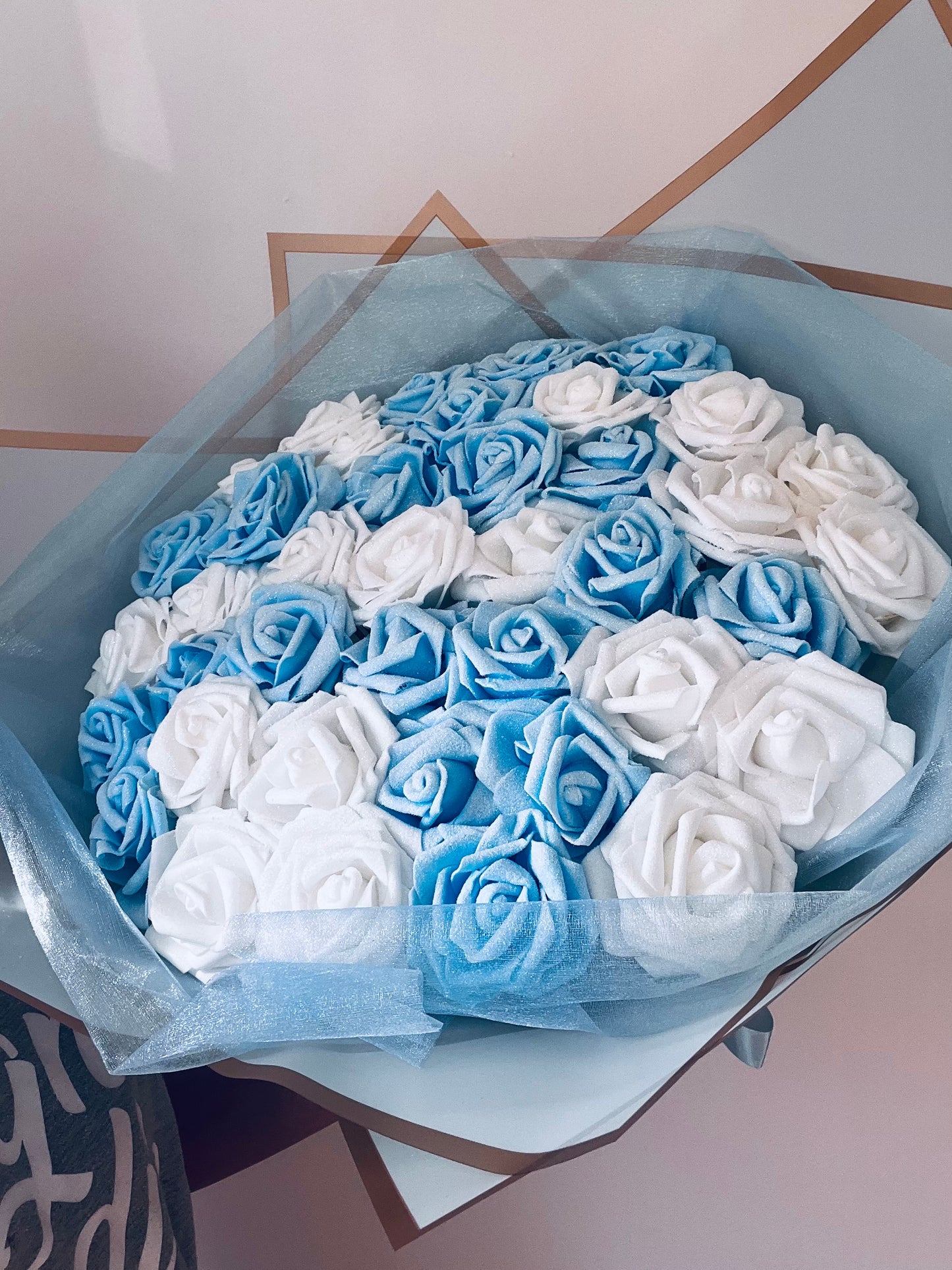 Blue & White Glitter Rose Flower Bouquet