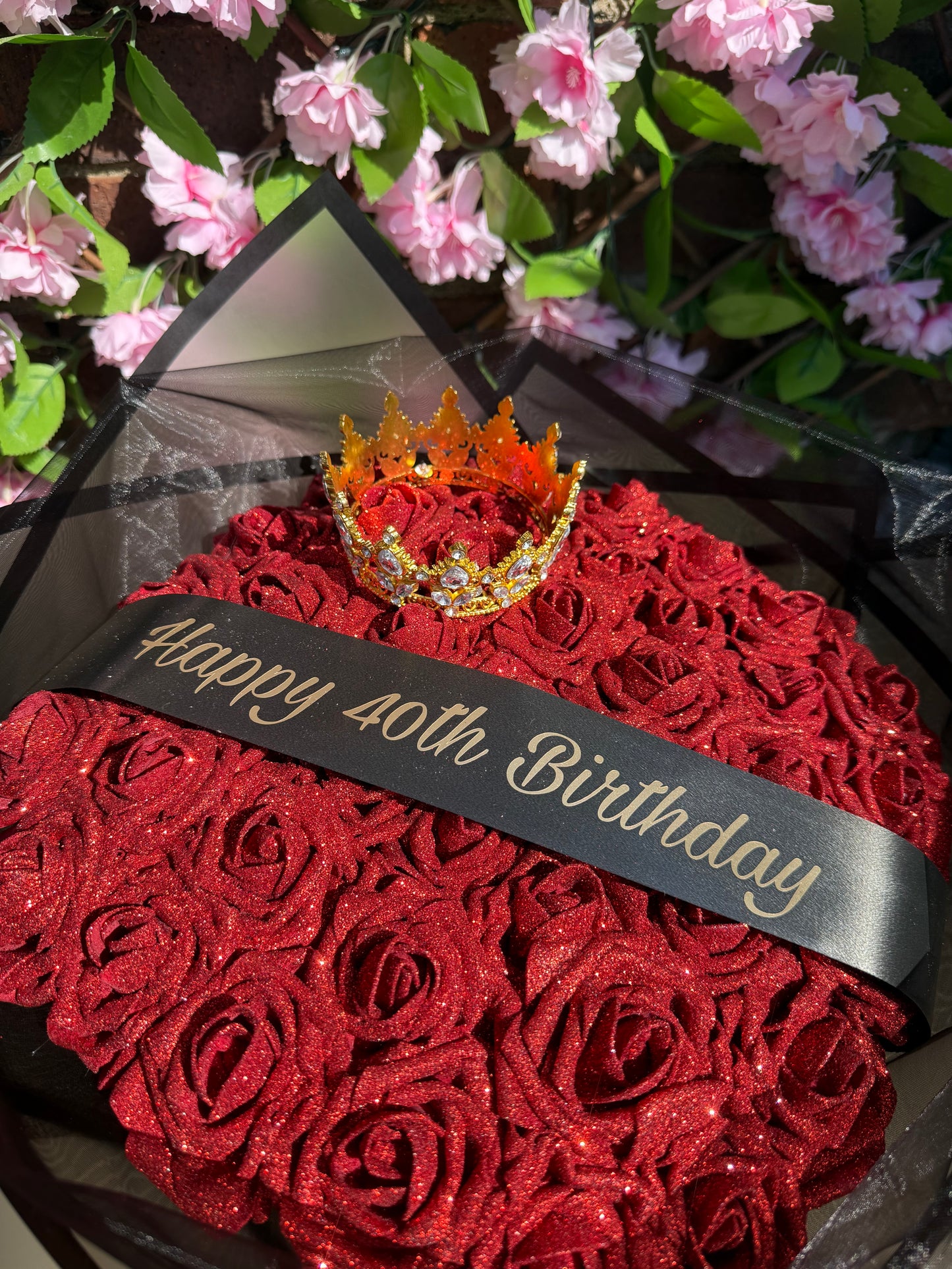 Personalised Red Glitter Rose Black Bouquet with Optional Crown