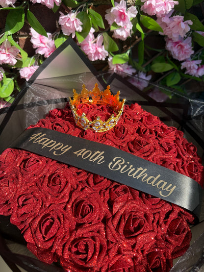 Personalised Red Glitter Rose Black Bouquet with Optional Crown