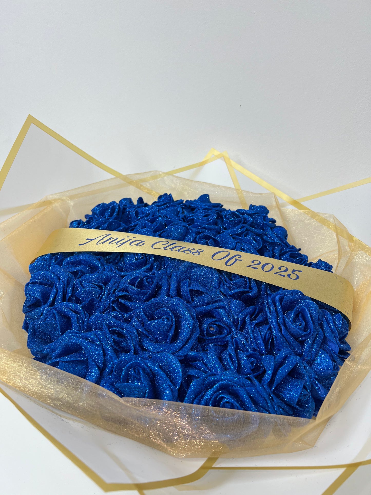 Blue White & Gold Personalised Glitter Rose Bouquet Gift