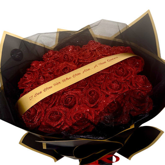 Personalised Any Message Red Flower Glitter Rose Bouquet