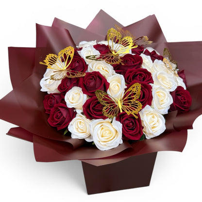 Luxury Red & Ivory Artificial Rose Bouquet with Gold Butterflies | Forever Roses