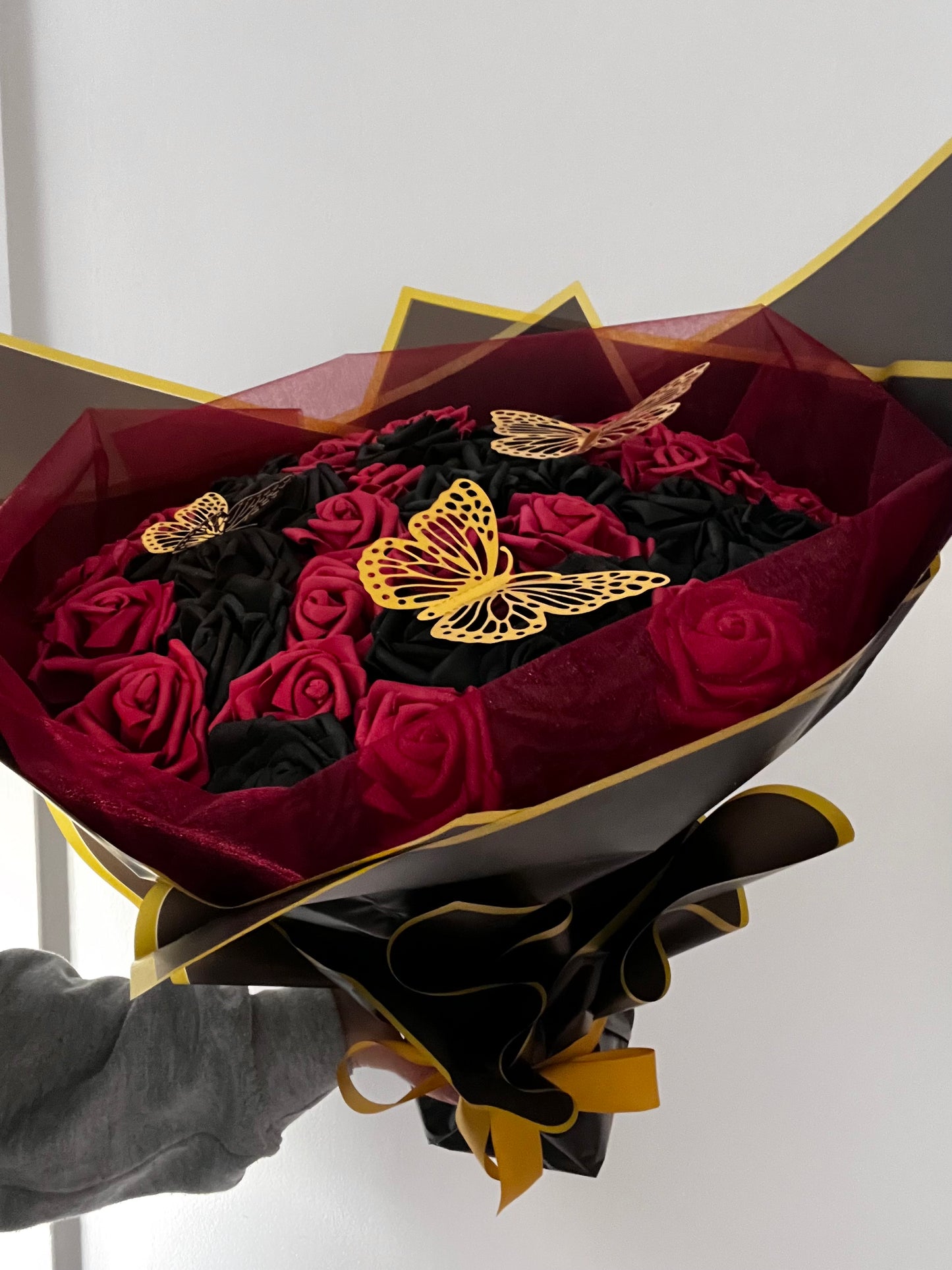 Red & Black Rose Bouquet With Gold Butterfly’s