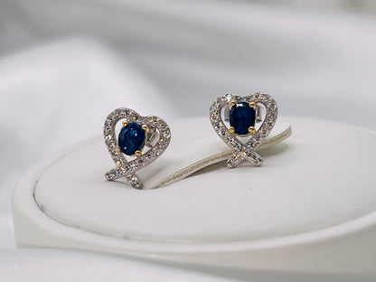 Natural Sapphire Love Heart Silver Stud Earrings