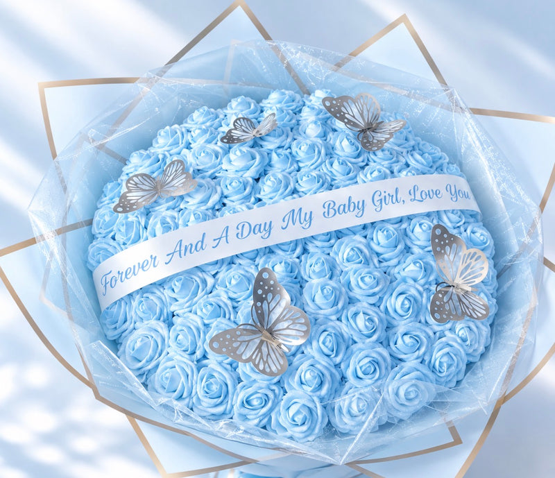 100 Baby Blue Rose Butterfly Bouquet Personalised Forever Roses