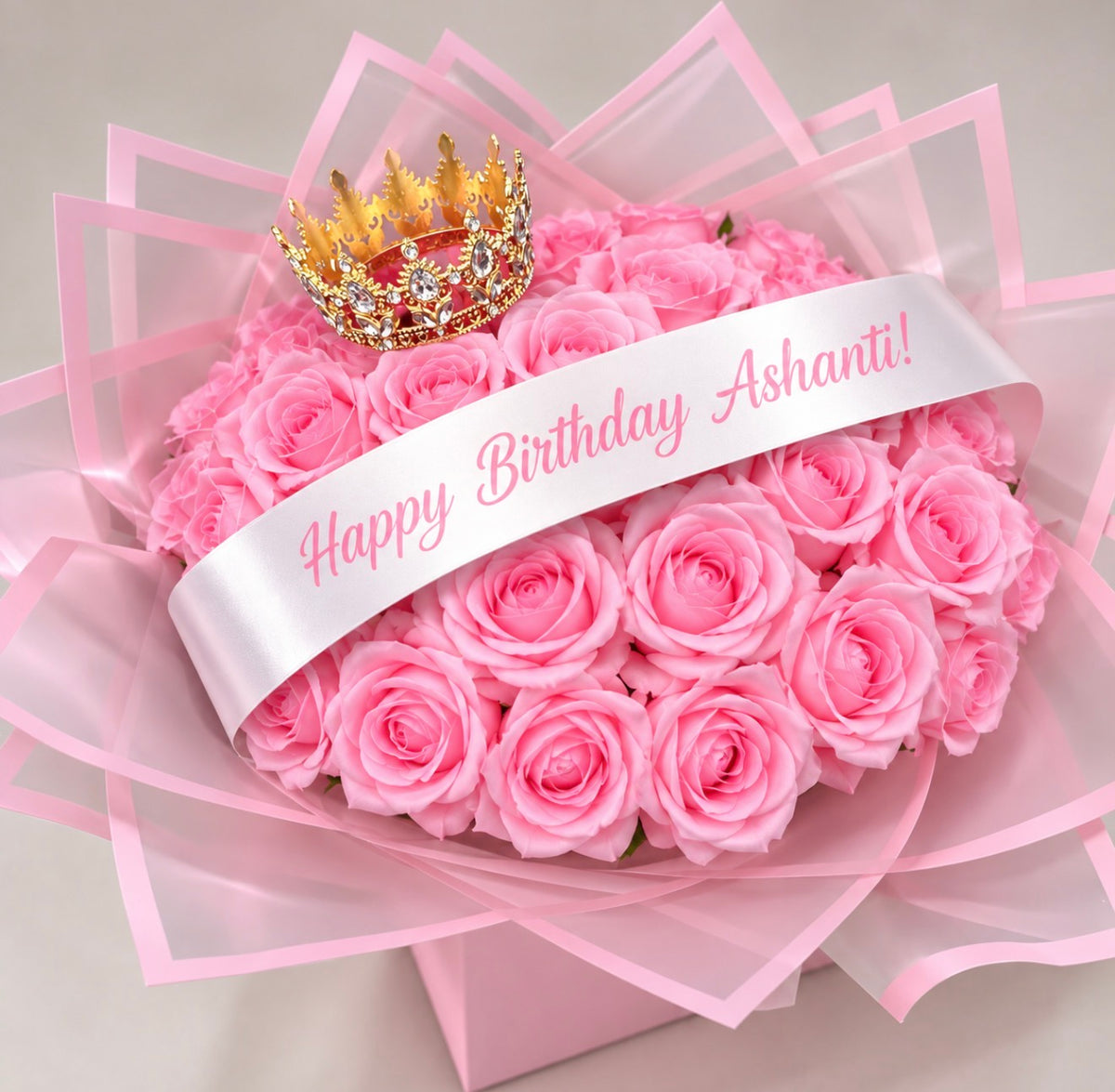 Luxury Pink Rose Crown Bouquet – Personalised Birthday Bouquet