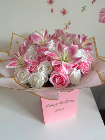 Personalised Flower Bouquet Gift Box Luxury Pink & White Rose & Lily Floral Arrangement for Any Occasion