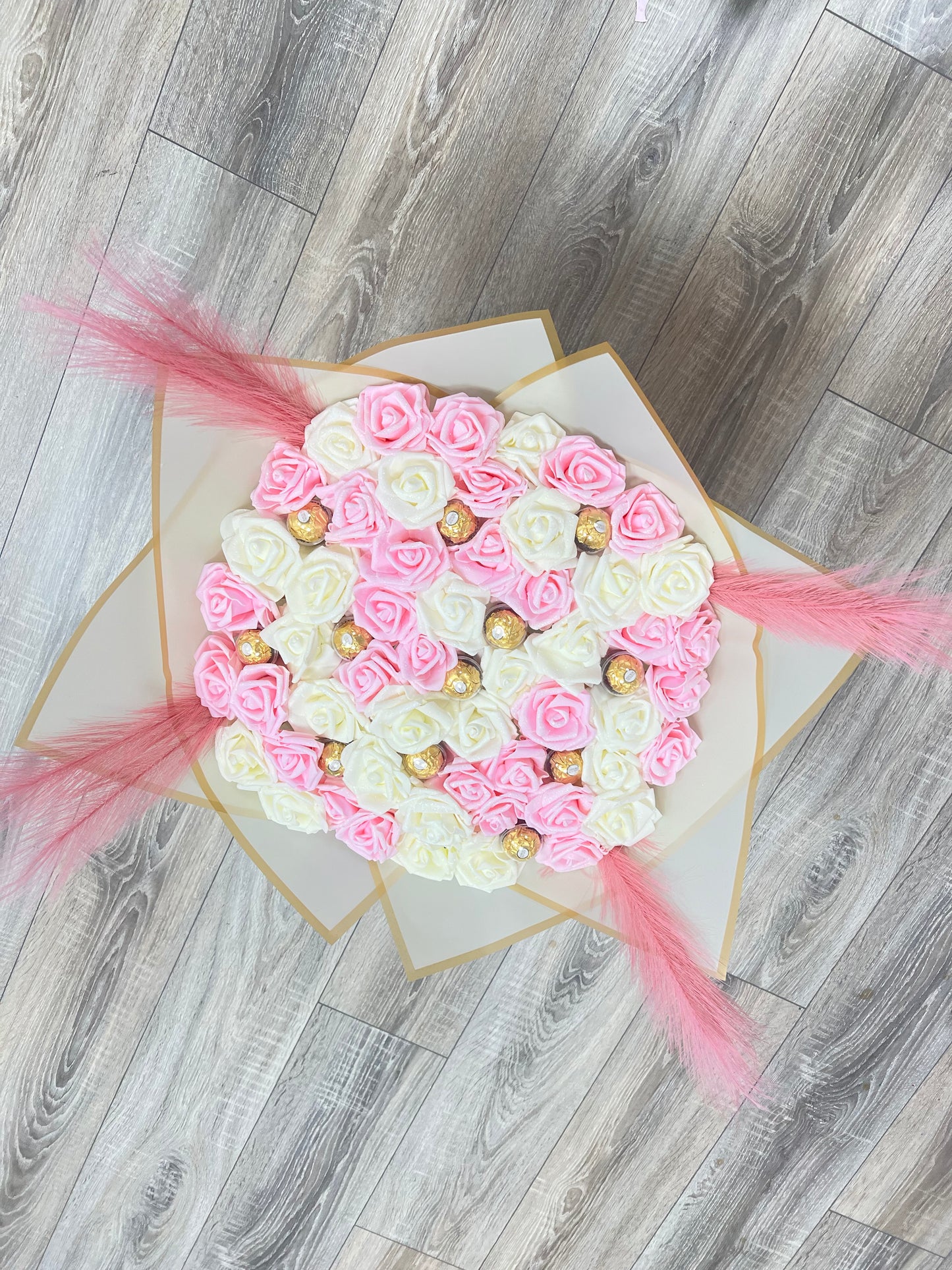 Hand Crafted Pink And Cream Large Chocolate Glitter Rose Bouquet