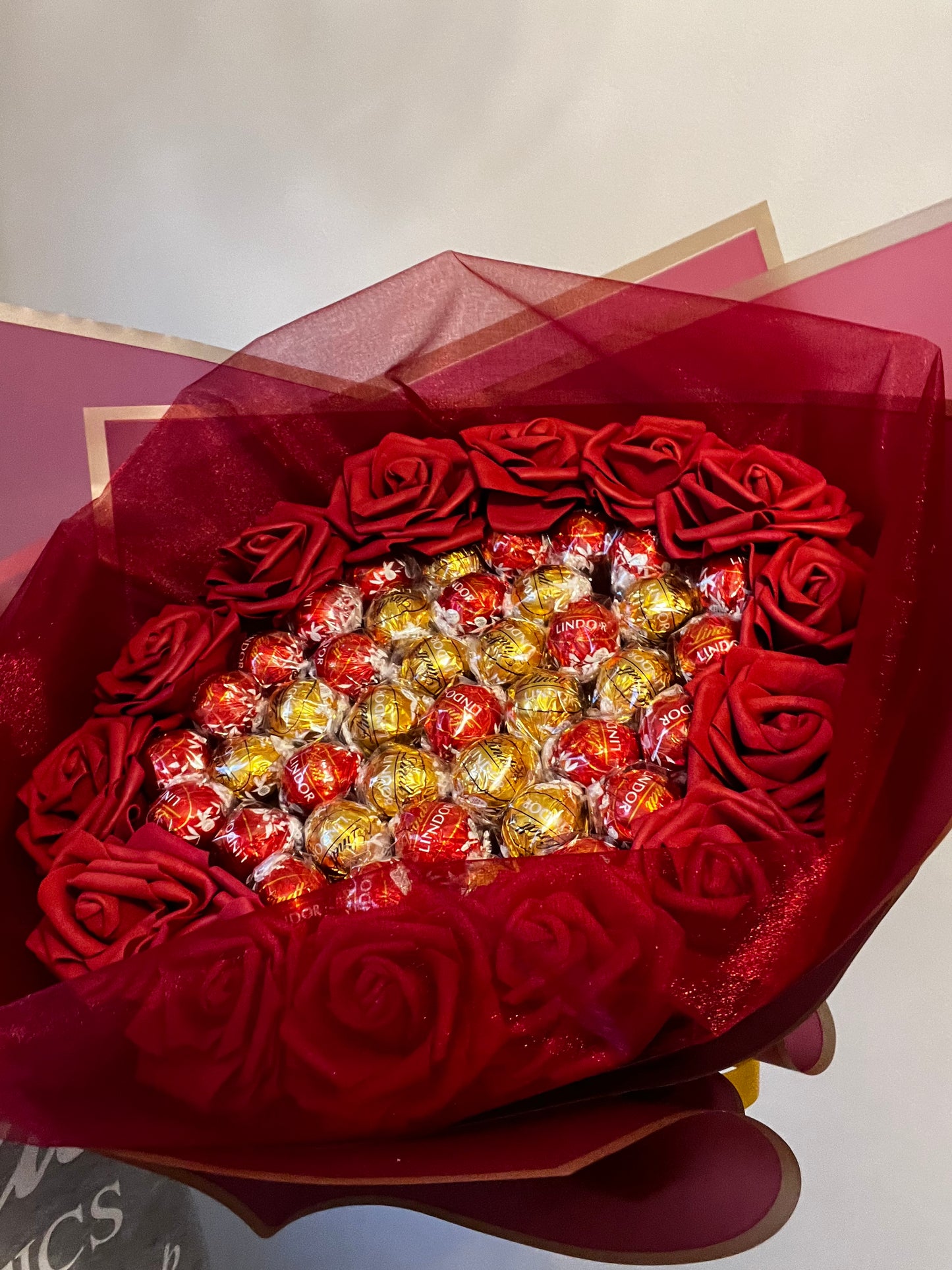 Red and Gold Lindor Chocolate Red Rose Flower Bouquet