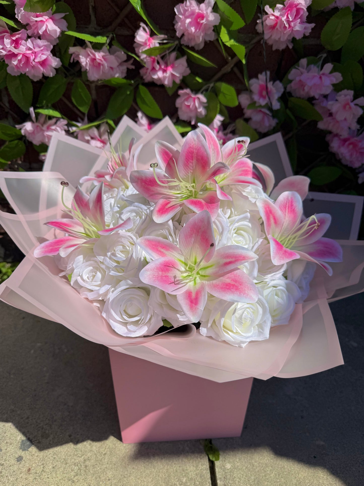 Personalised Pink Lily & White Rose Bouquet Luxury Romantic Flower Arrangement Gift