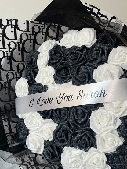 Black & White Personalised Glitter Rose Bouquet High End Wrapping