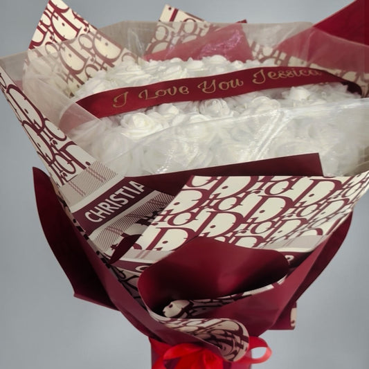 Luxury Red & Cream Glitter Rose Personalised Bouquet High End Wrapping