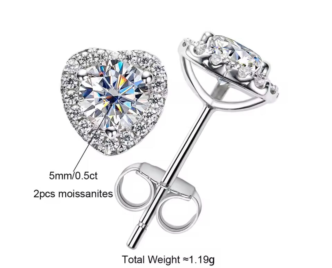 1CT Moissanite Love Heart Silver Stud Earrings