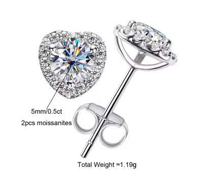 1CT Moissanite Love Heart Silver Stud Earrings