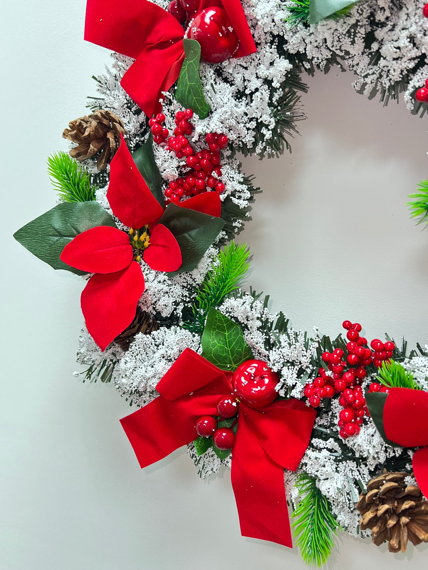 42cm Large Snowy Red Bow Christmas Door Wreath