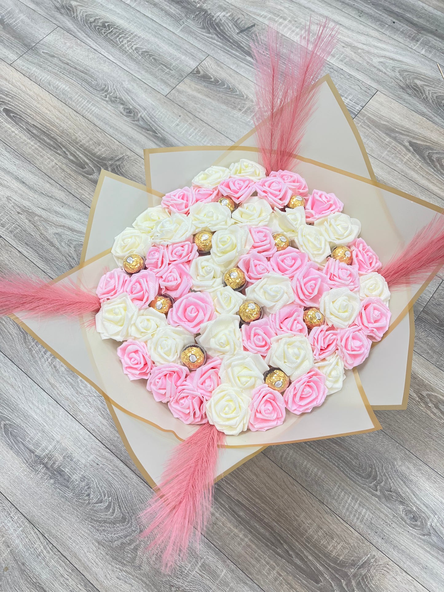 Hand Crafted Pink And Cream Large Chocolate Glitter Rose Bouquet