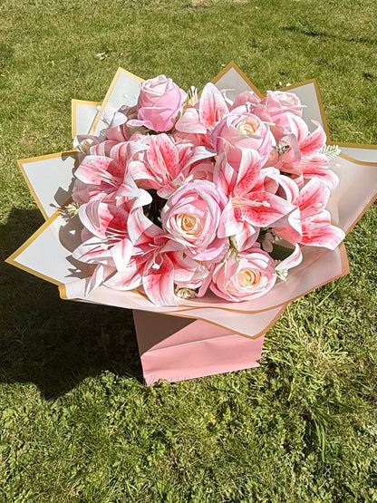 Large Artificial Pink Lily & Rose Bouquet in Gift Flower Bag Elegant Faux Floral Arrangement (Copy)