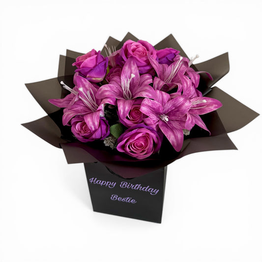 Personalised Rose & Lily Flower Bouquet Purple & Black