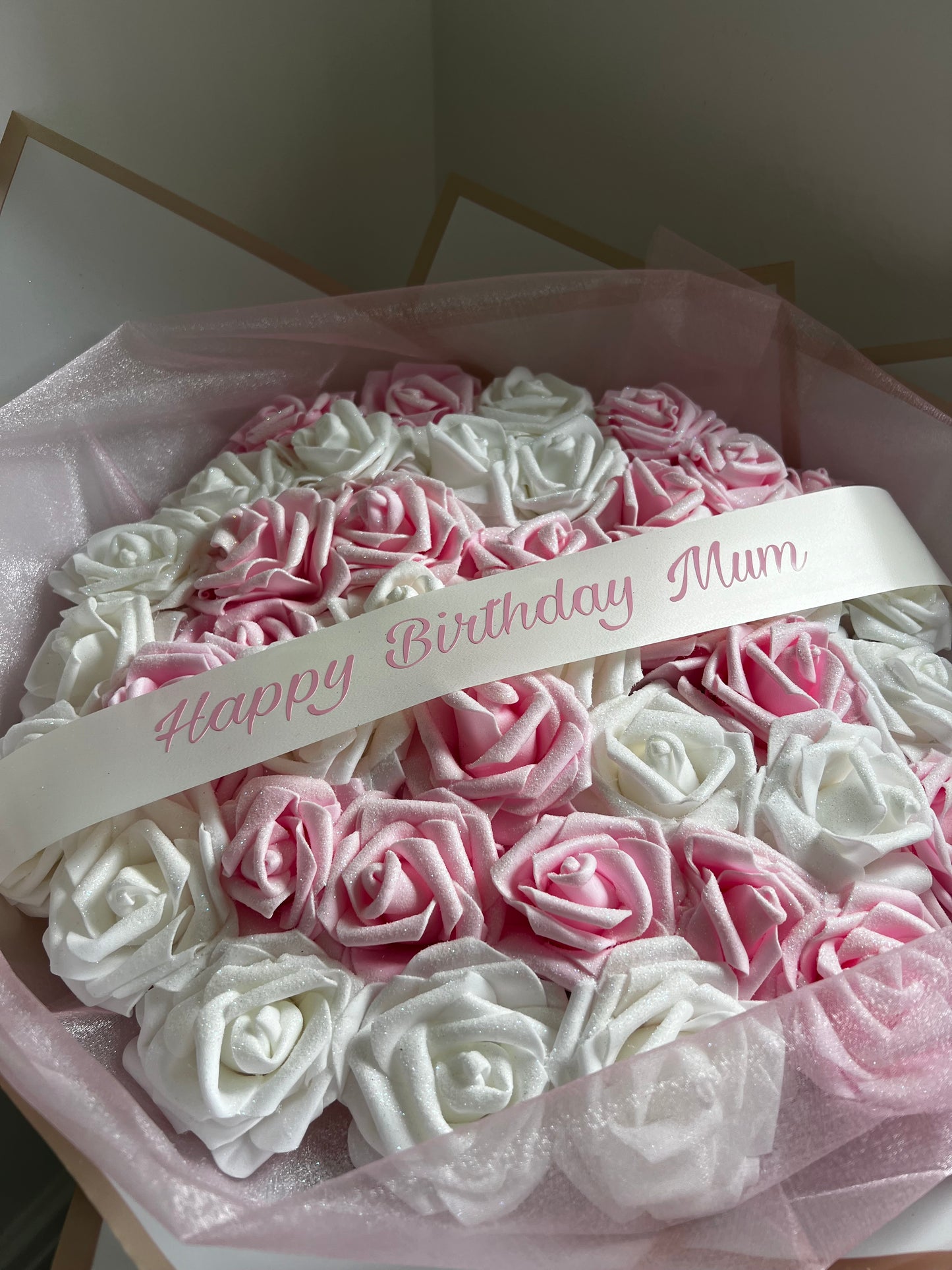 Pink & White Glitter Rose Personalised Rose Bouquet