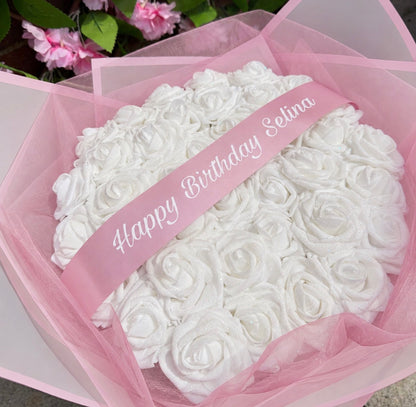 Classic White Rose Bouquet Pink Personalised Forever Roses